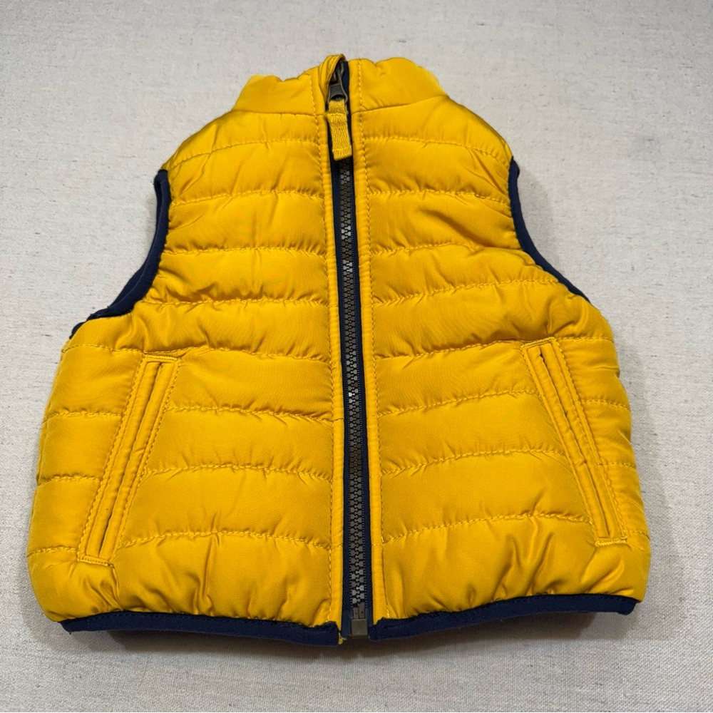 Carters Puffer Vest - Yellow Blue Lined Full Zip Front Hand Pockets - Size 6mos